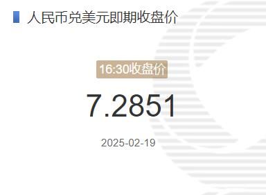 2月19日人民币兑美元即期收盘价报7.2851 较上一交易日下调68个基点